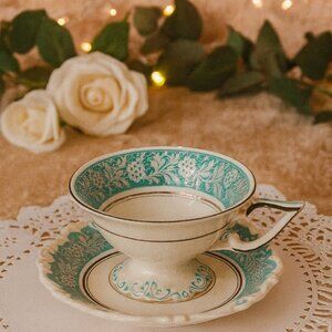 Vintage Seltmann Weiden Porcelain | Cup & Saucer | Silver Floral Leaf Design |